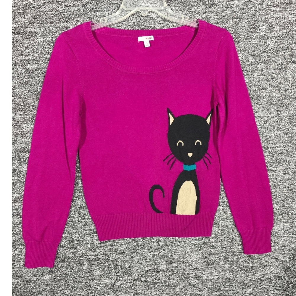 Bongo Womens Magenta Pink Black Cat Graphic Knit Sweater Large L/G Scoop Neck